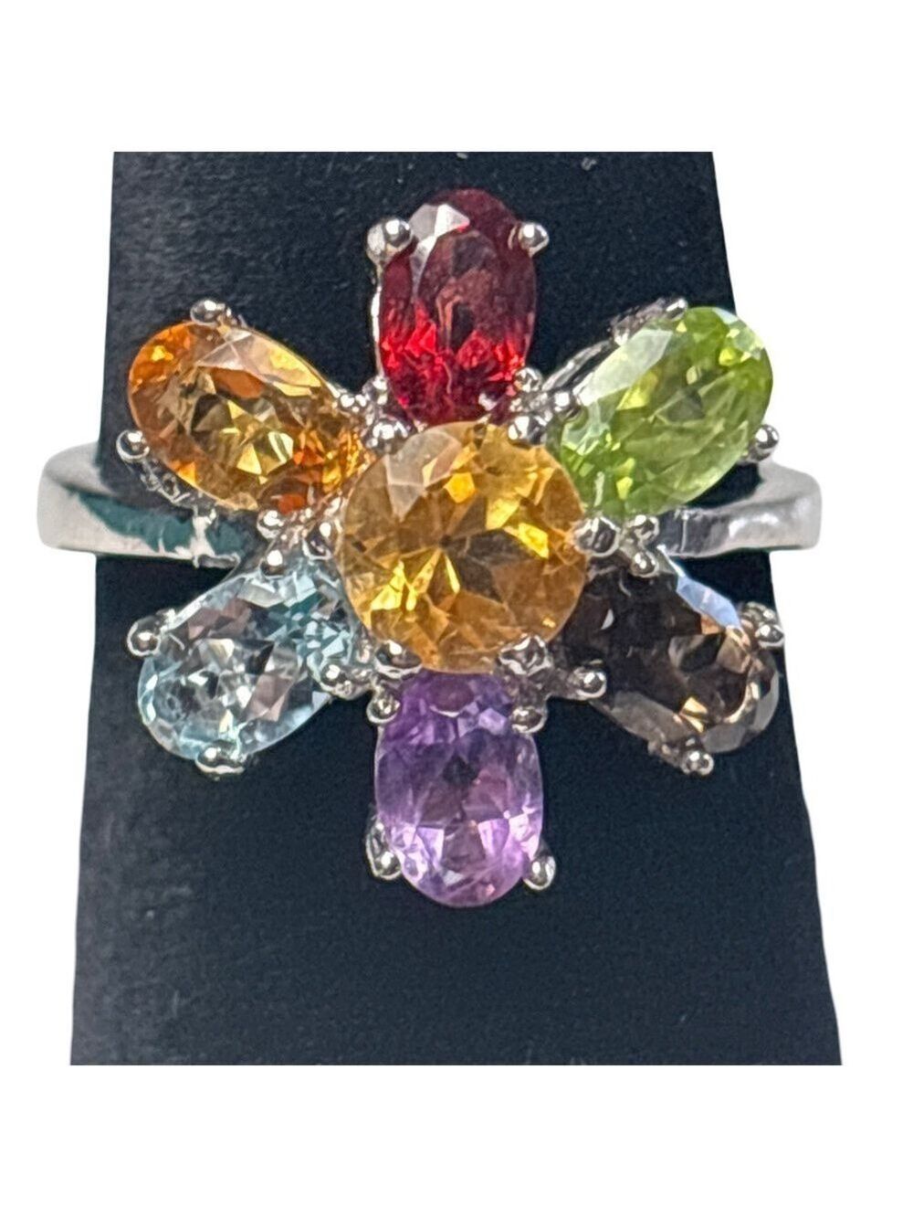 Vibrant Gemstone Floral Ring 925 sterling silver Size 7